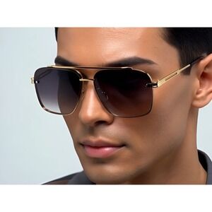 Mens Gold Square Rimless Sunglasses Gradient Lenses Metal Frame Lentes Gafas New